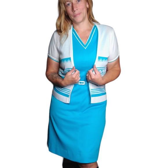 70's Vintage Blue Dress with Matching Jacket and Belt Size 10 - Picture 4 of 7